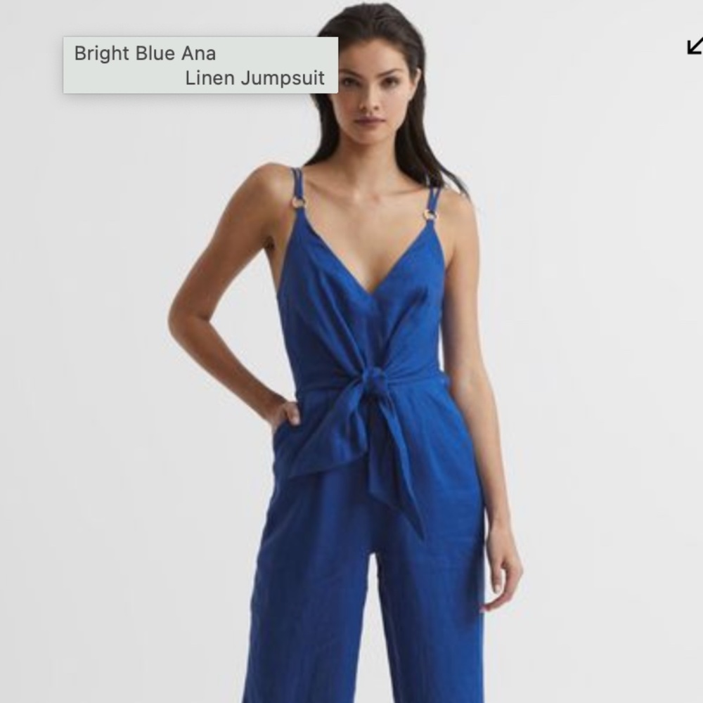 Reiss Linen Ana Tie-Waist Jumpsuit--Size 8, Bright Blue